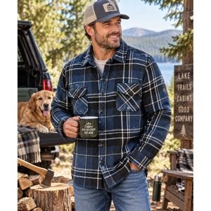 Freedom Foundry Mens XXL Sherpa Lined Plaid Shirt Jacket Blue Black Fleece